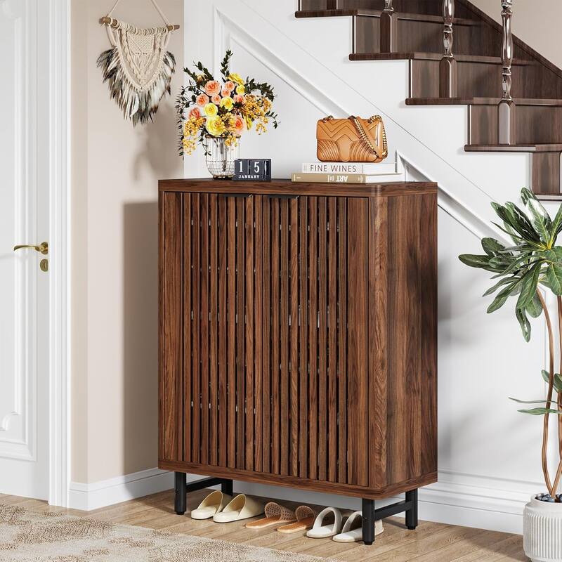 33" Modern Walnut Wooden 6-Tier Shoe Cabinet with Louvered Doors