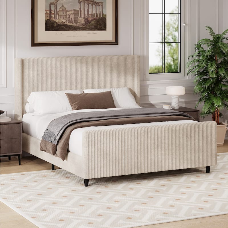 Cream Queen Size Corduroy Bed with Wingback and High Footboard