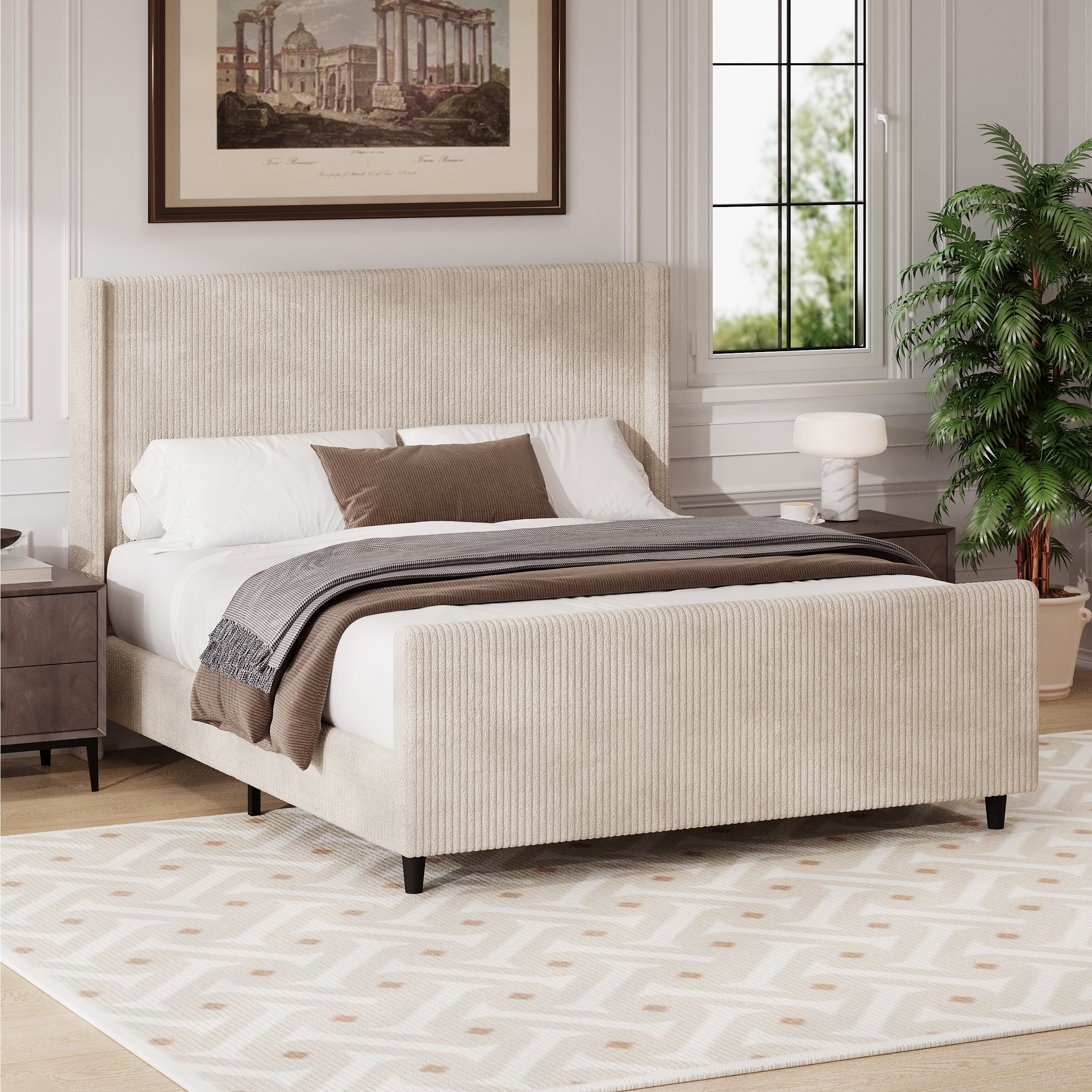 King Size Platform Bed Cream Corduroy Fabric Wingback Bed