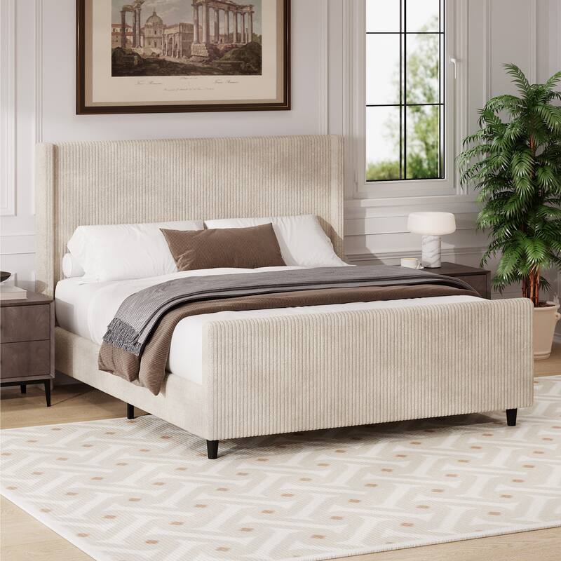 Vertical Stripe Wingback Bed Corduroy Fabric Frame Platform Bed - Cream - King