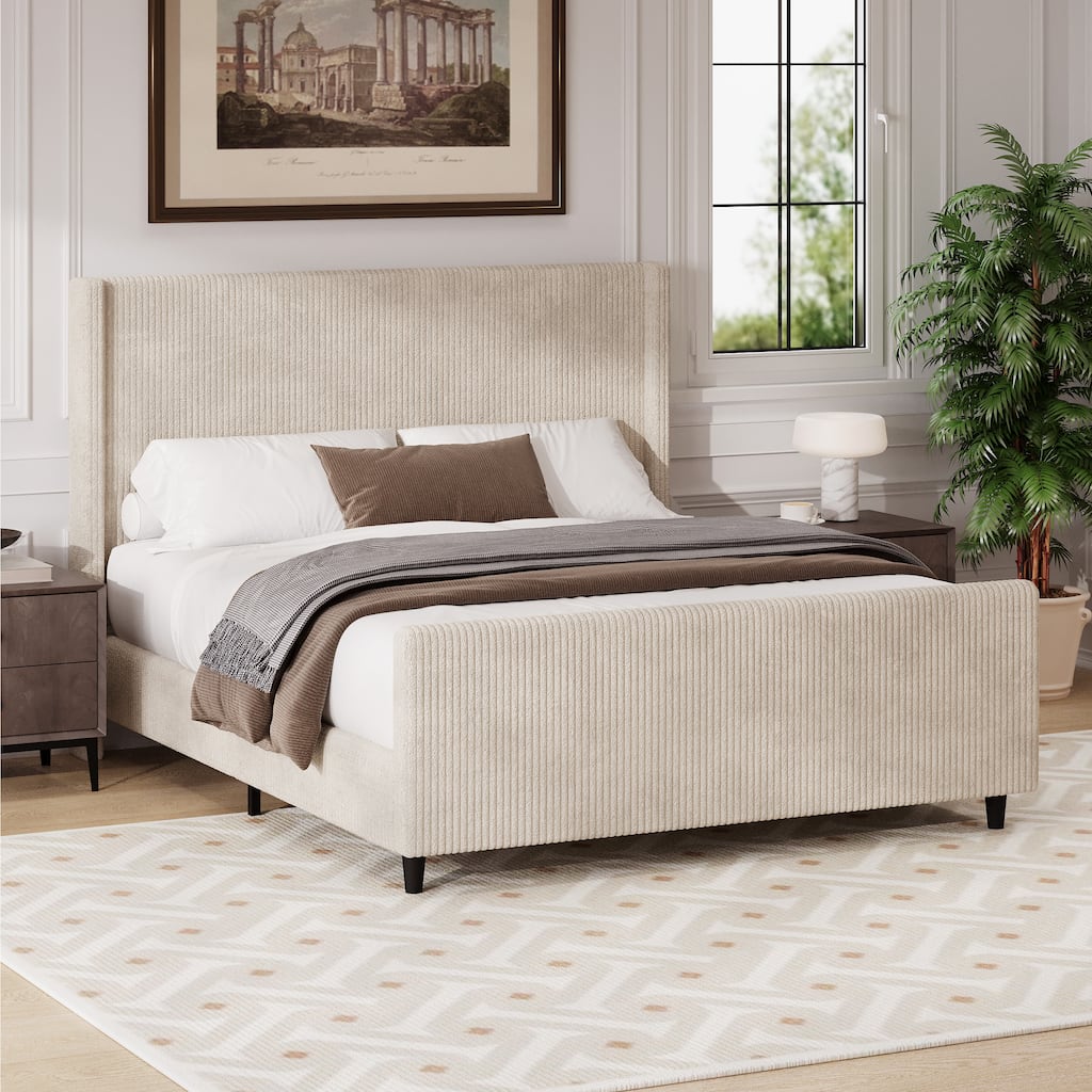 Vertical Stripe Wingback Bed Corduroy Fabric Frame Platform Bed