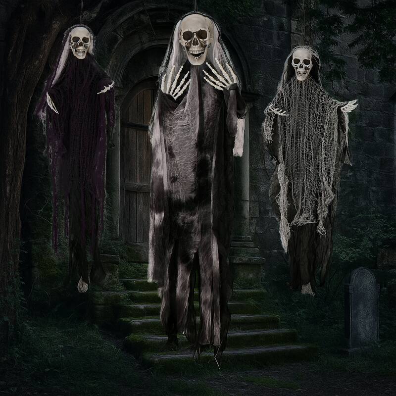 3-Pack Hanging Grim Reaper Decorations with Scary Skull Heads and Tattered Robes for Halloween
