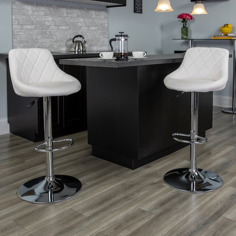 Vinyl Bucket Seat Adjustable Diamond Back Barstool (Set of 2) - 18.50"W x 19"D x 33.25" - 41.75"H - White