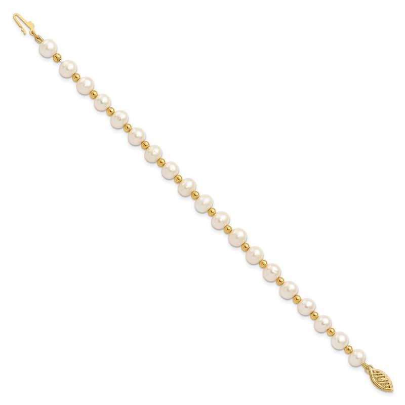 Curata 14k Yellow Gold 6 -7mm White Near Round Fw Cultured Pearl Bead Bracelet 7 Inch