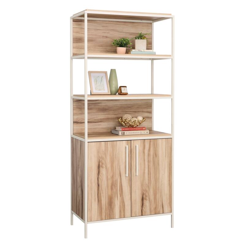 Wood Bookcase with Doors, Brown - 32.99" W x 17.13" D x 75.98" H