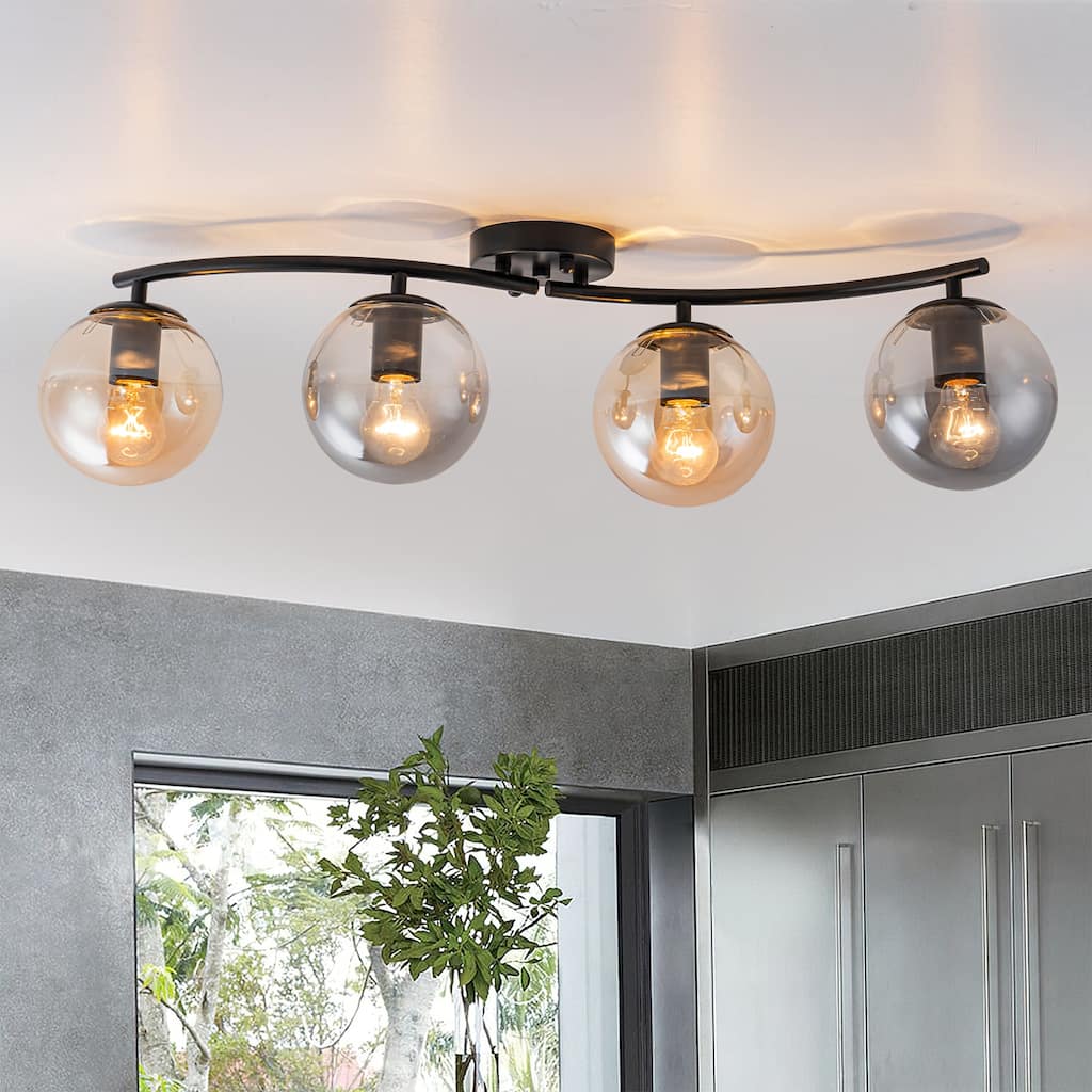 4 Lights Linear Metal Flush Mount Ceiling Light with Smoky and Amber Glass Globes - Dia.31.89-in
