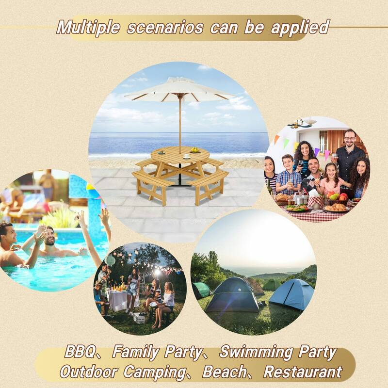8-Person Round Outdoor Picnic Table with 4 Double Benches
