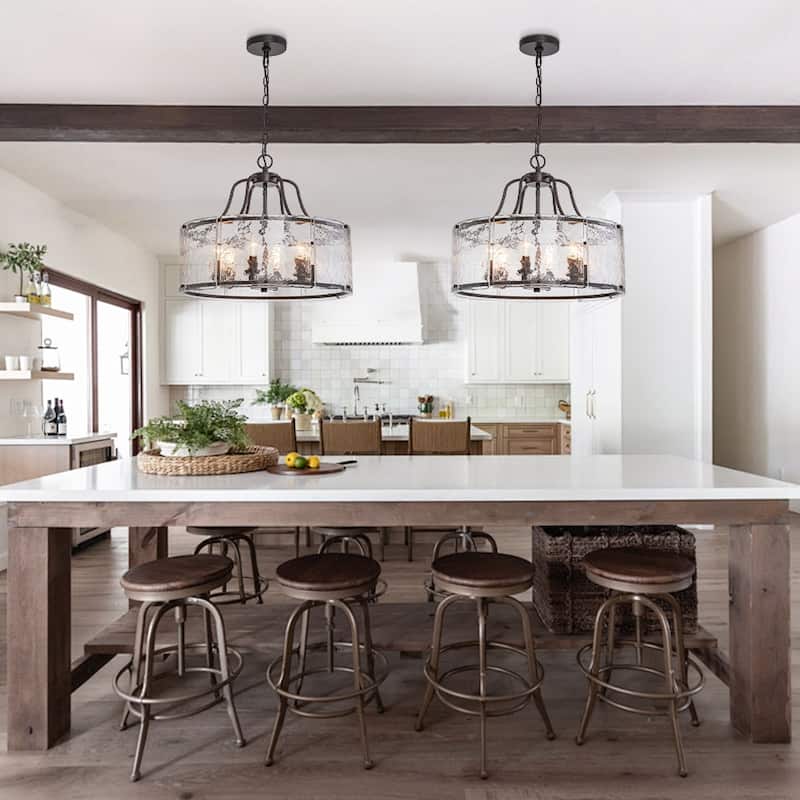 Modern 6-Light Clear Rippled Glass Lantern Pendant For Kitchen Island