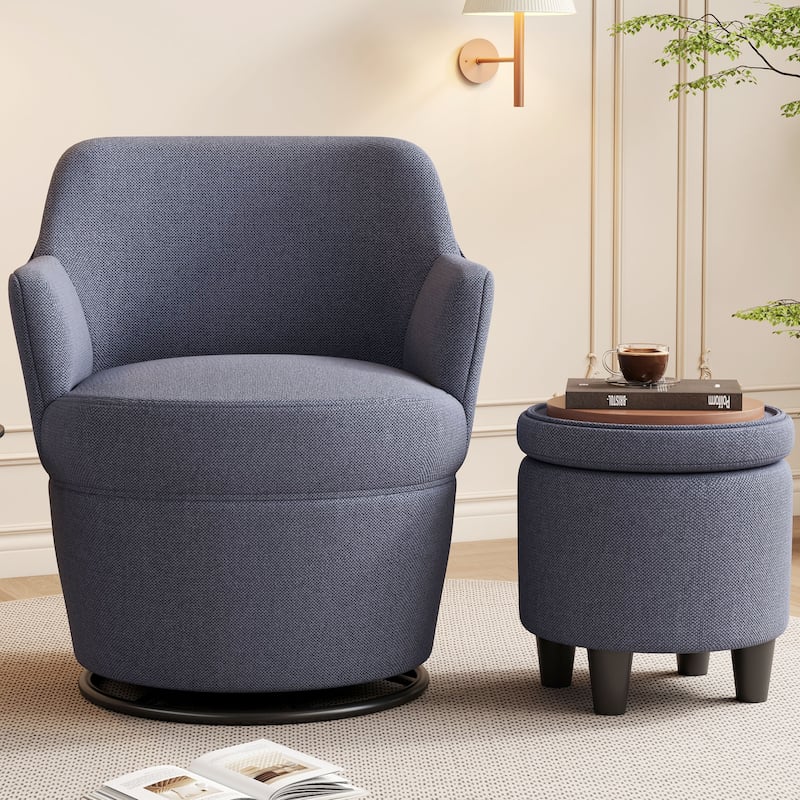 Swivel Accent Chair with Ottoman Lounge Barrel Chair with Nailhead Trim Swivel Round Barrel Chair for Living Room, Bedroom
