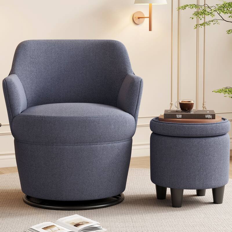 Swivel Accent Chair with Storage Ottoman, Modern Lounge Sofa Chair Barrel Chair Arm Chair with Nail Trim