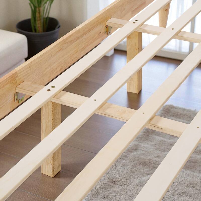 Queen/King Solid Wood Bed Frame with Fleece Upholstered Headboard and Tapered Legs, No Box Spring Needed