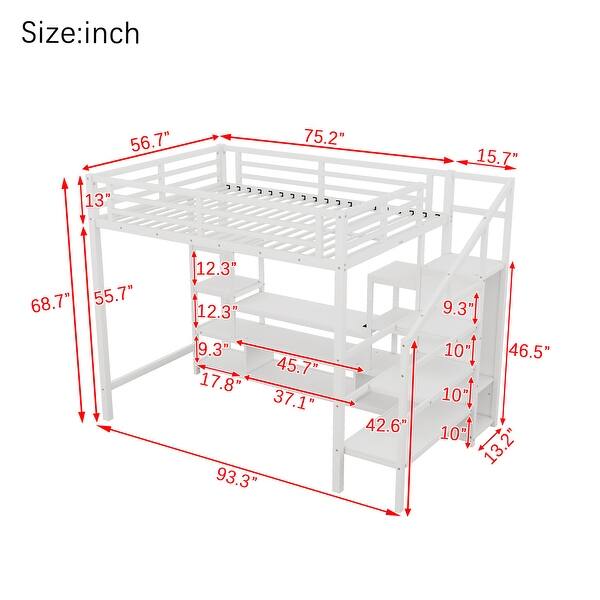dimension image slide 0 of 2, Full Size High Metal Loft Bed Frame with Entertainment TV Stand, Shelves, LED Light Strip, Charging Station, Staircase Wardrobe