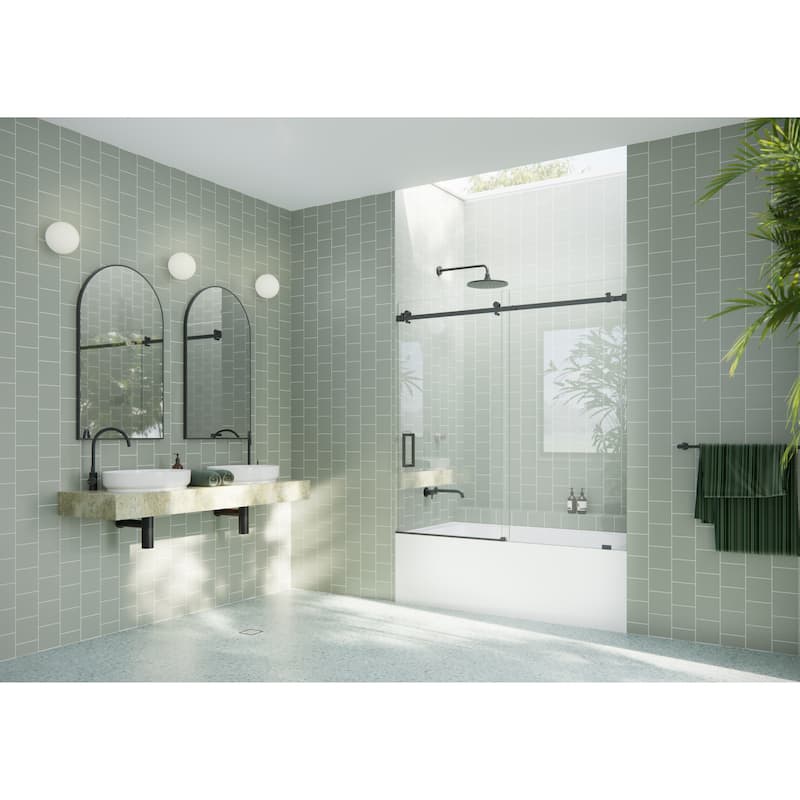 Glass Warehouse 56 in. - 60 in. x 60in. Frameless Bath Tub Sliding Shower Door with Square Hardware - Matte Black
