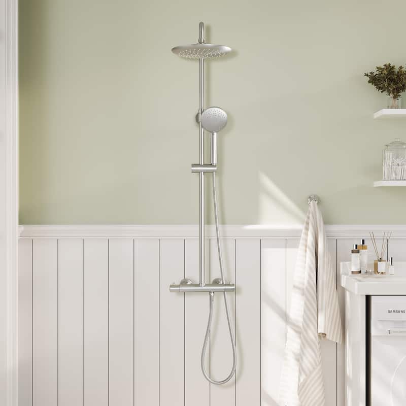 5-Spray Patterns Thermostatic Rain Shower Faucet Wall Mount Dual Shower Heads and Handheld Shower Head - 9.5" x 9.5"