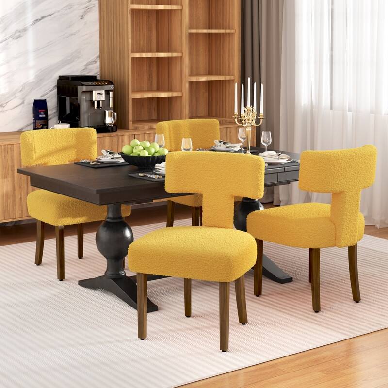 Dining Chairs Boucle Fabric Lamb Upholstered T-Shape (Set of 4)