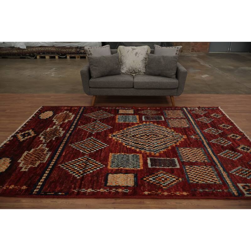 Hand Knotted Oriental 100% Wool Carpet Modern Tribal Red Moroccan Area Rug - 9' 7'' X 6' 7''