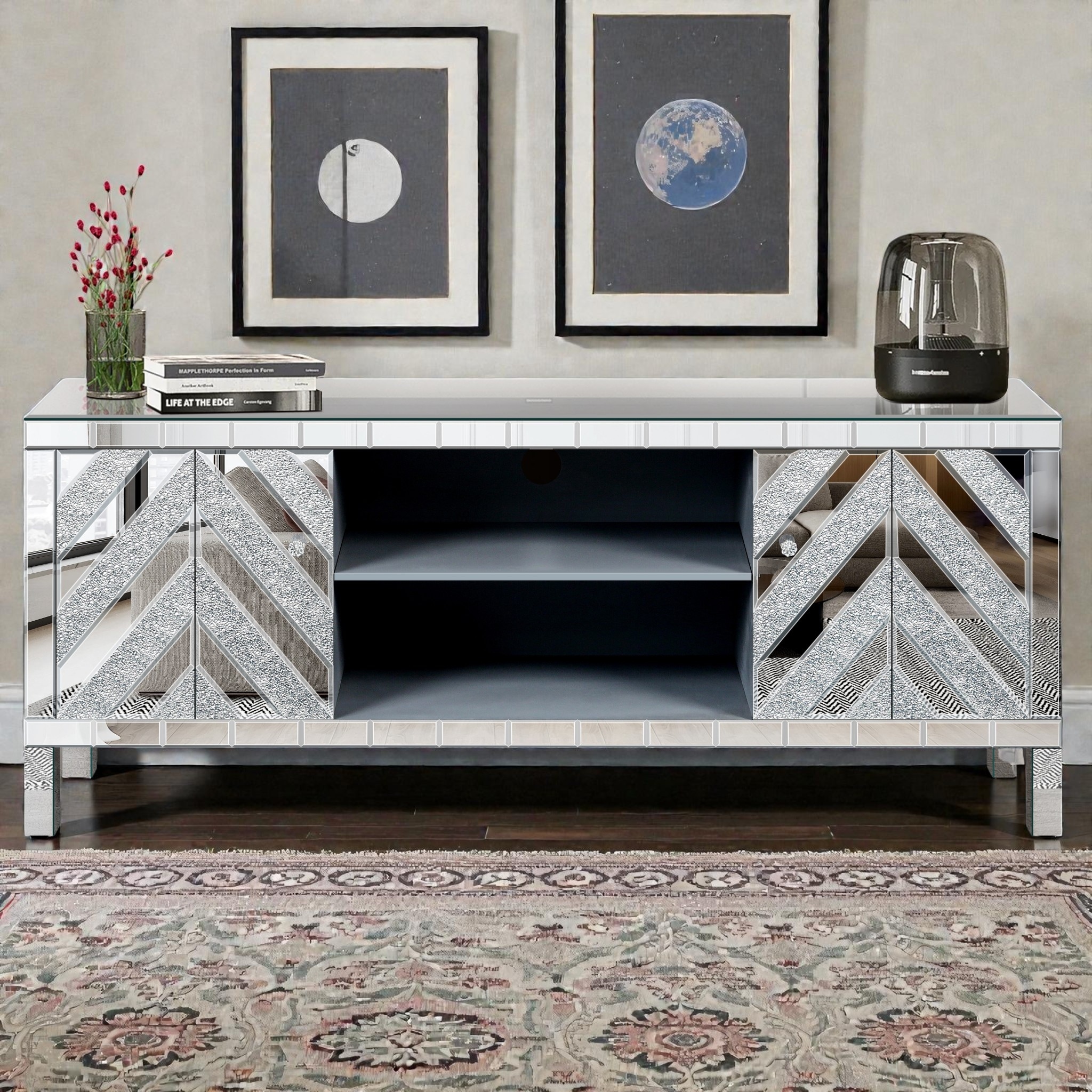 47 Inch Mirrored TV Stand with Diamond Glass Doors, Modern Media Console for TVs up to 50 Inch with Open Storage
