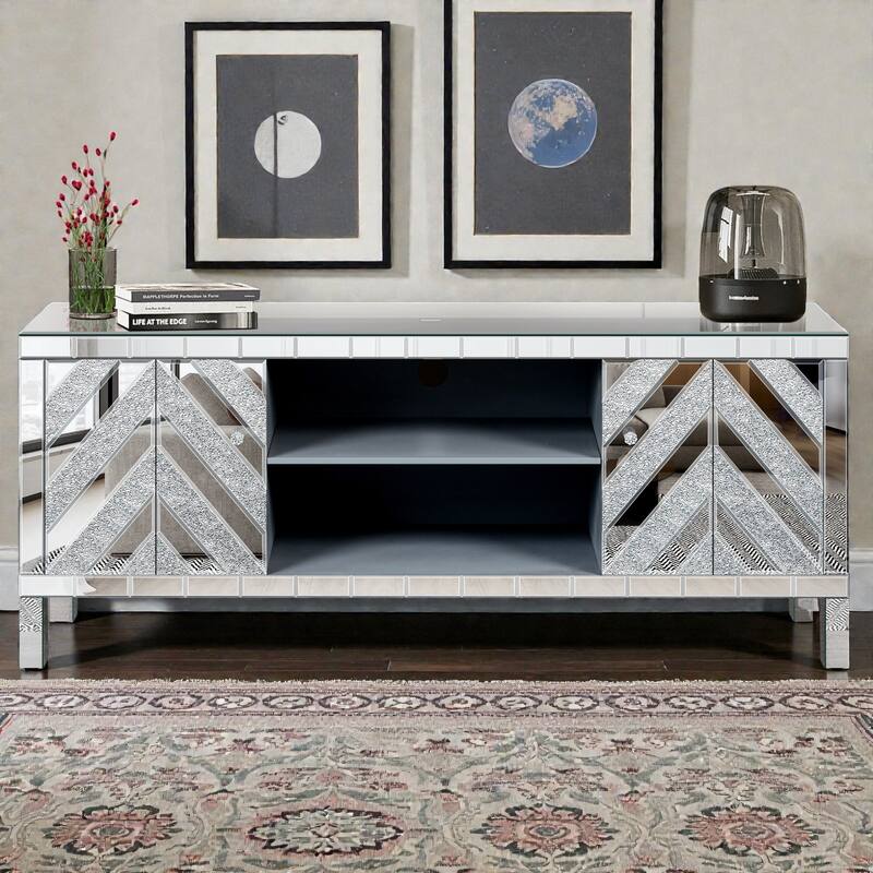 47 Inch Mirrored TV Stand with Diamond Glass Doors, Modern Media Console for TVs up to 50 Inch with Open Storage - Silver