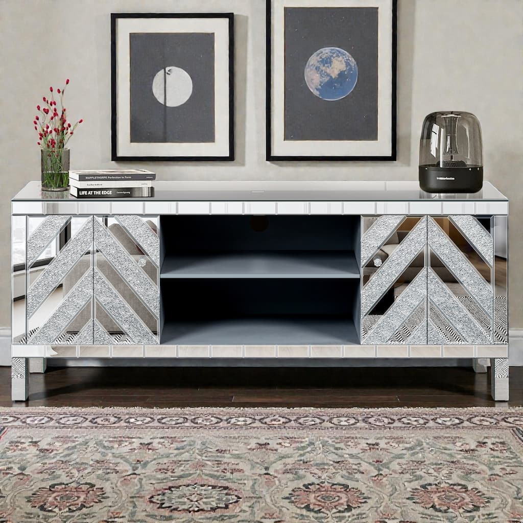 47 Inch Mirrored TV Stand with Diamond Glass Doors, Modern Media Console for TVs up to 50 Inch with Open Storage