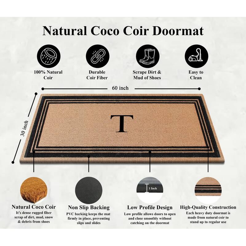 A1HC Natural Coir Monogrammed Flock Anti shed Treated Durable Doormat BlackBeige