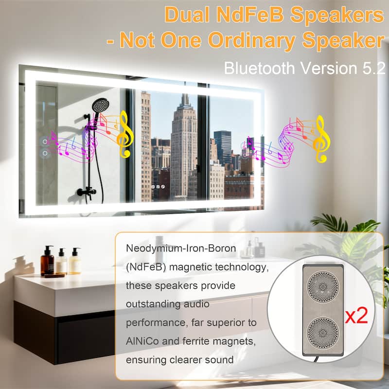 Rectangle Illuminated Bluetooth Bathroom Smart Tempered Glass Vanity Mirror with Double NdFeB Speakers