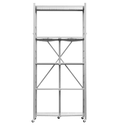 Grey Carbon Steel 5 Tier Folding Garage Storage Shelf with Wheels and J-Hooks - 14 x 32 x 72 in