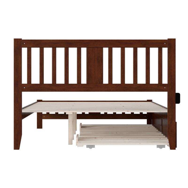 Twin Trundle Bed with Footboard - Walnut Finish, Seaside Style, Solid Wood Frame, Easy Assembly