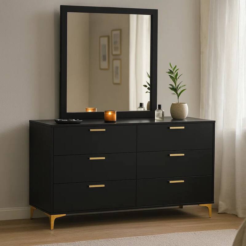 Dle Wide Dresser with Mirror, Gold Bracket Legs, Modern Black Finish