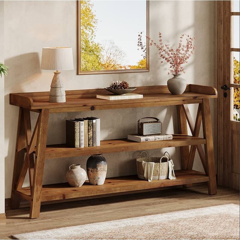 63-Inch Solid Wood Console Table with X-Shaped Frame, 3-Tier Storage - 62.99" L x 13.78" W x 35.83" H - Brown