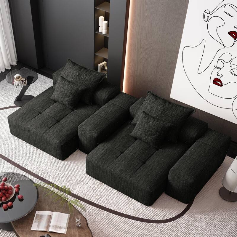 Modern Modular Chenille Sectional Sofa with 2 Chaise Lounge and 2 Armrest, 4 Pillows for Living Room