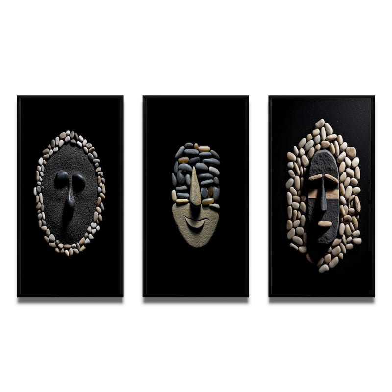 Designart "Black And White African Tribal Mask IV" African Framed Wall Art Set Of 3 Frame Gallery Set For Office Decor