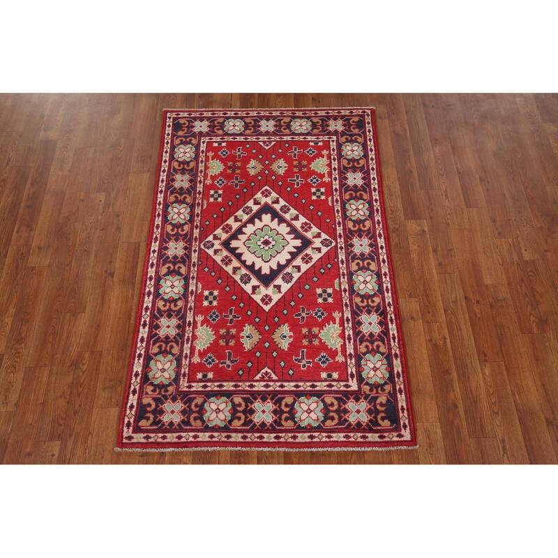 Geometric Red Kazak Oriental Foyer Rug Handmade Wool Carpet - 3'1" x 5'0"