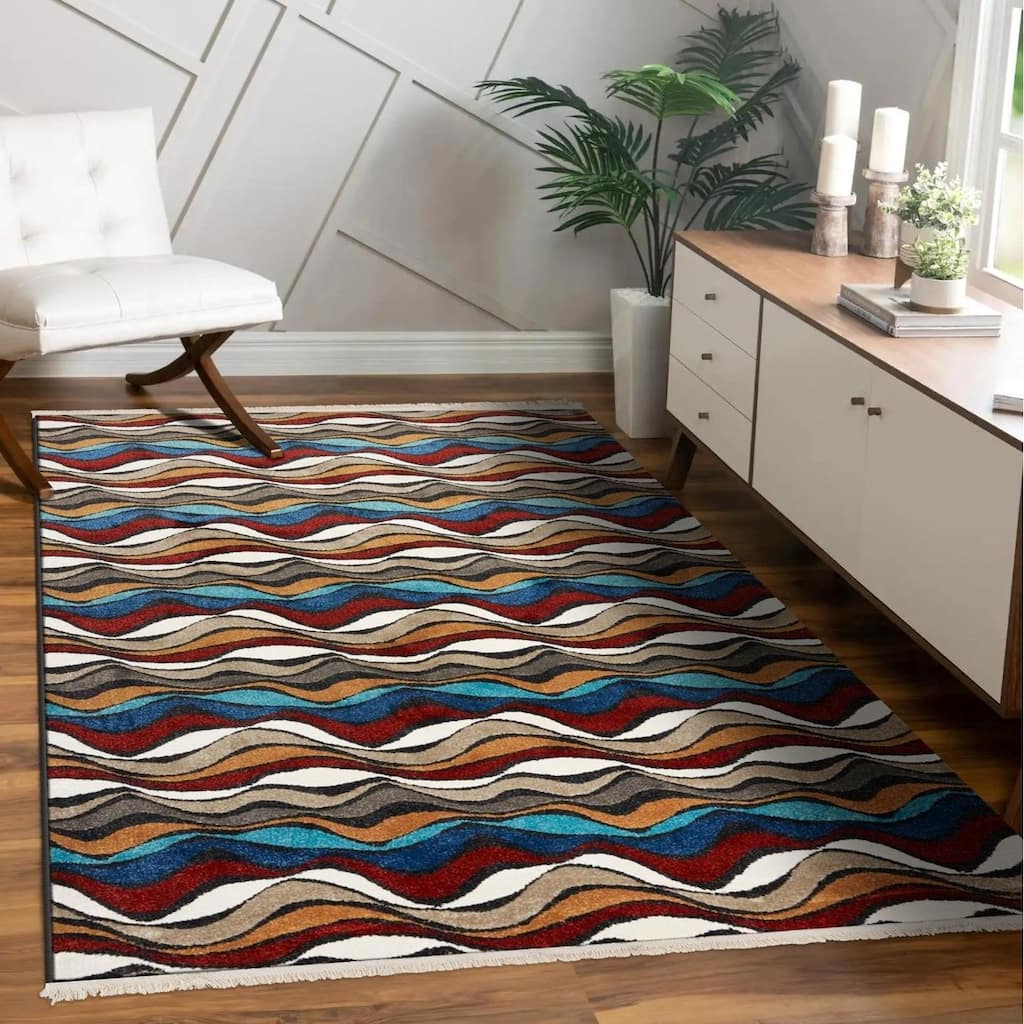 Luxe Weavers Modern Abstract Waves Fringe Area Rug, Non-Shedding Carpet - 2' x 3'