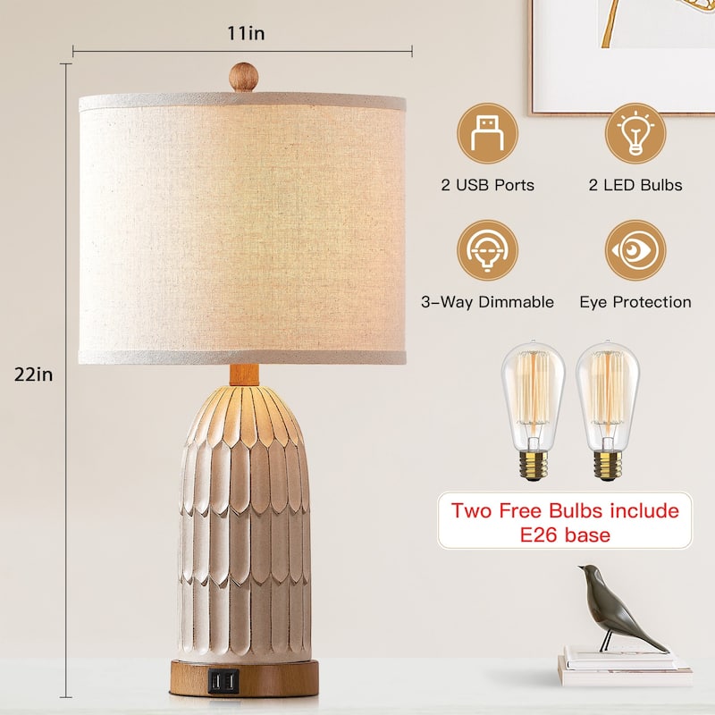Beige Resin Table Lamps with 3-way Touch Dimming Switch Dual USB Charging Ports (Set of 2) - 11'' x 11'' x 22'' (L x W x H)
