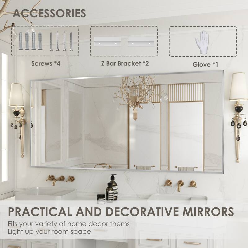 QuivaraView Wall Mounted Aluminum Frame Bathroom Vanity Mirror - 60" x 28" - Silver