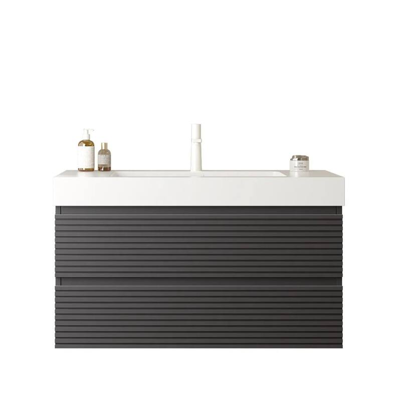 Plywood Wall-Mounted Bathroom Vanity Set in Grey with Integrated Acrylic Sink