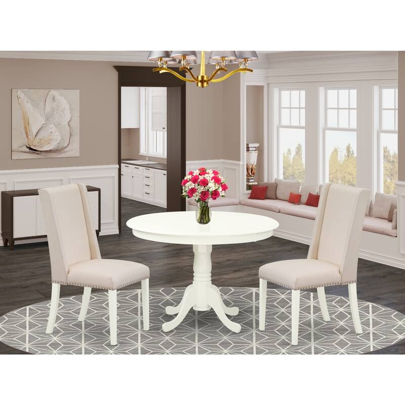 Round Kitchen Table Set with 2 Dining Chairs - Linen White Dinette Table & Chairs Set - 42