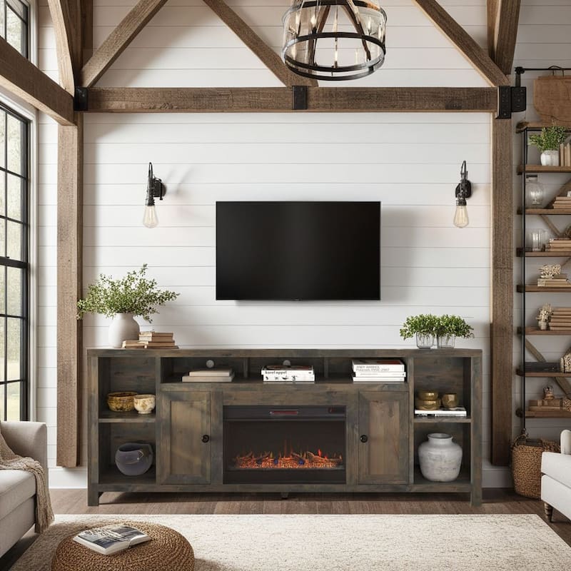 Bridgevine Home Joshua Creek 84 inch Electric Fireplace TV Stand for TVs up to 95 inches, Barnwood Finish