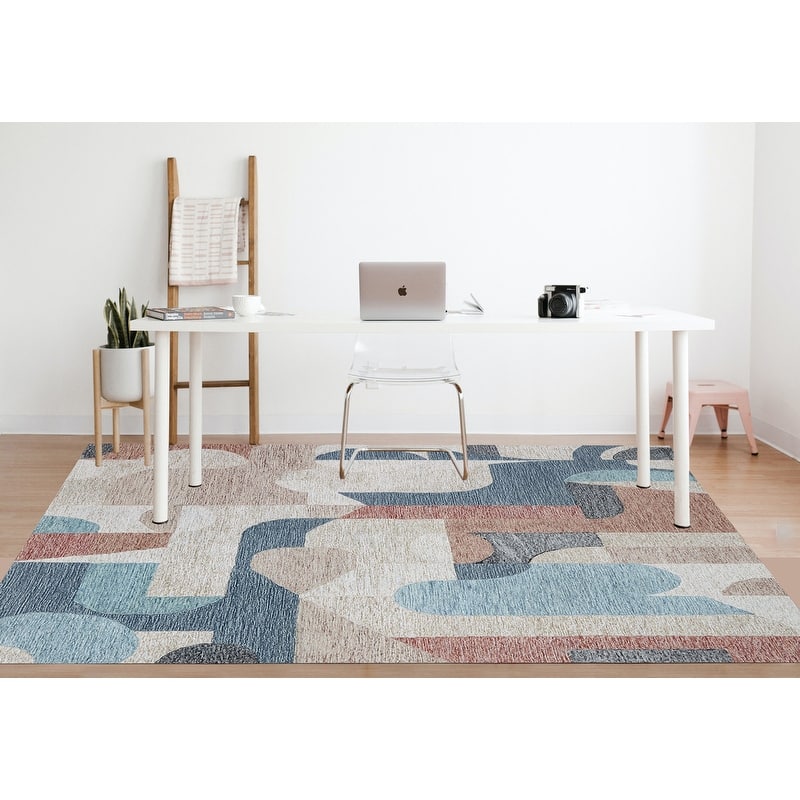 Handmade Emeralda Collection Beige/Blue/Rust Wool and Viscose Area Rug