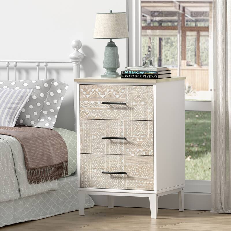 Anmytek Modern White Nightstand Wood Sofa End Table with 3 Drawers for Bedroom