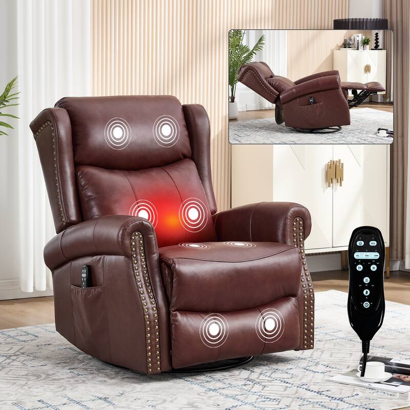 Manual Recliner Chair with Heat & Massage, Genuine Leather Swivel Recliner Chair, Lounge Sofa Chair with Side Pockets