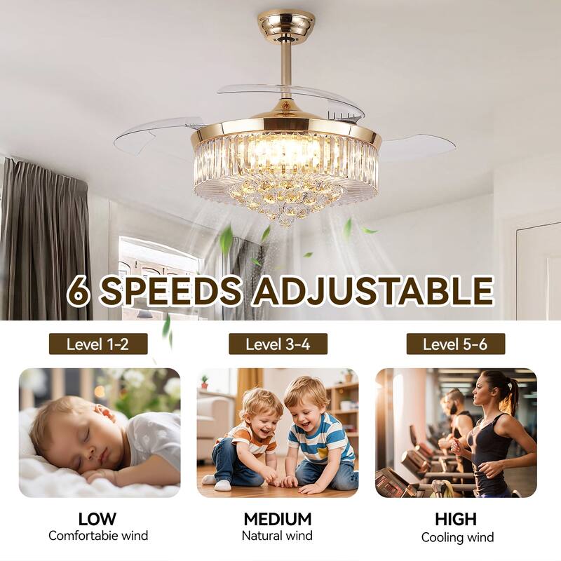 Kviflon 48'' Retractable Ceiling Fan with Lights and Remote 6 Speed, 3 Light Change Retractable Blade Chandelier Ceiling Fan