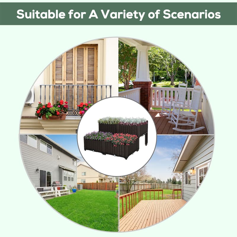 Outsunny 4-Piece Rattan Raised Garden Beds Outdoor Planter Boxes with Different Stacking Arrangements, Self-Watering Design
