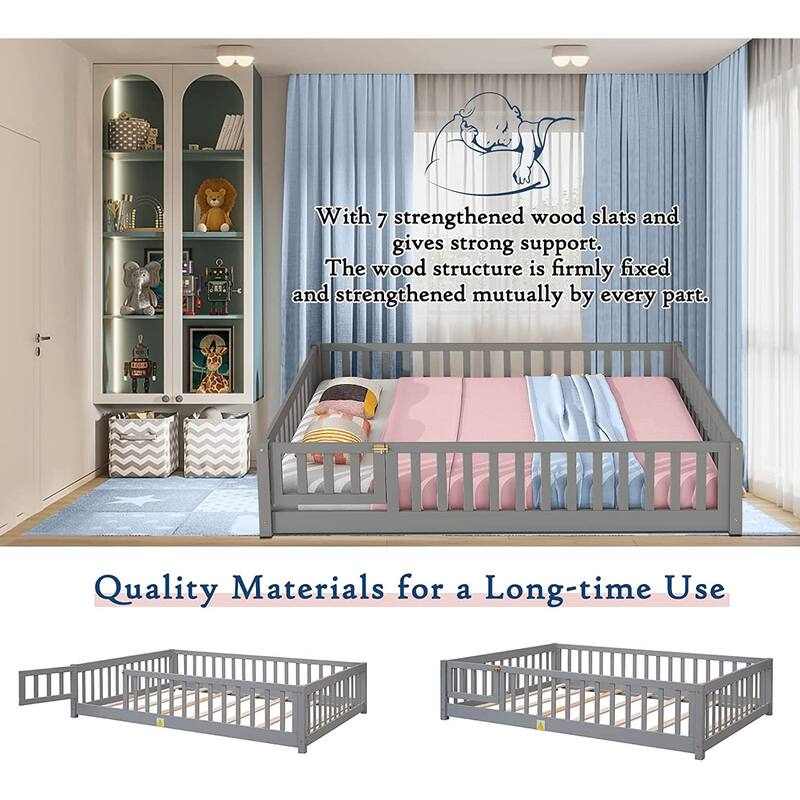 Twin/Full/Queen Size Floor Bed with Safety Guardrails, Toddler Floor Bed for Girls and Boys