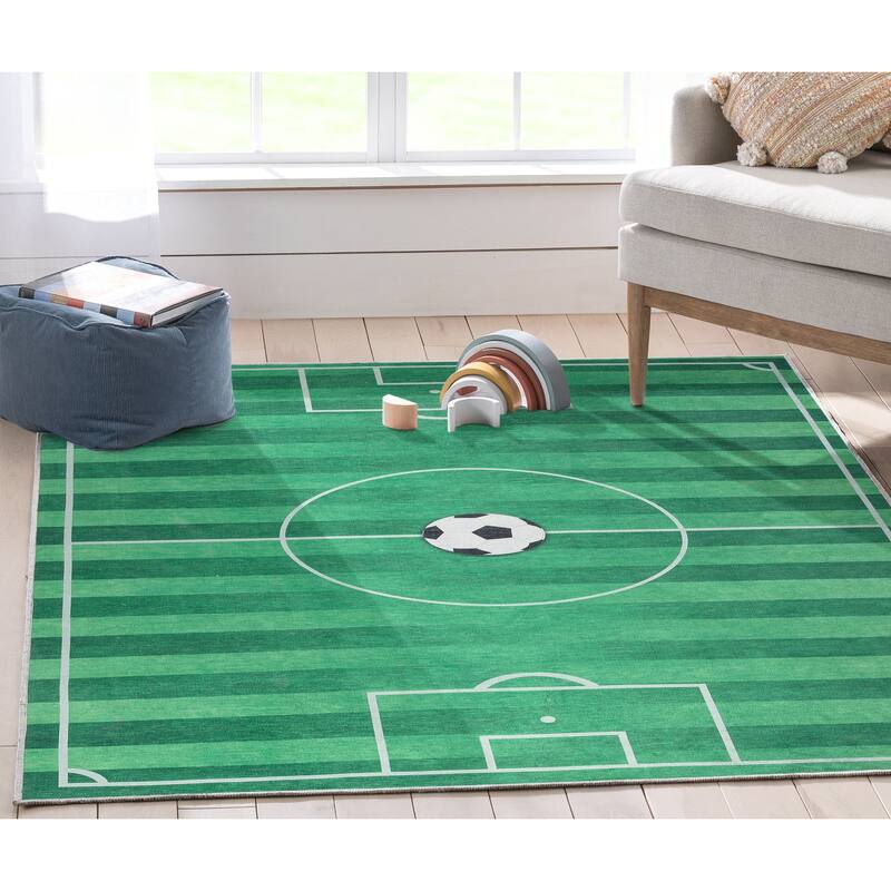 Well Woven Kids Rugs Soccer Field Modern Machine Washable Area Rug