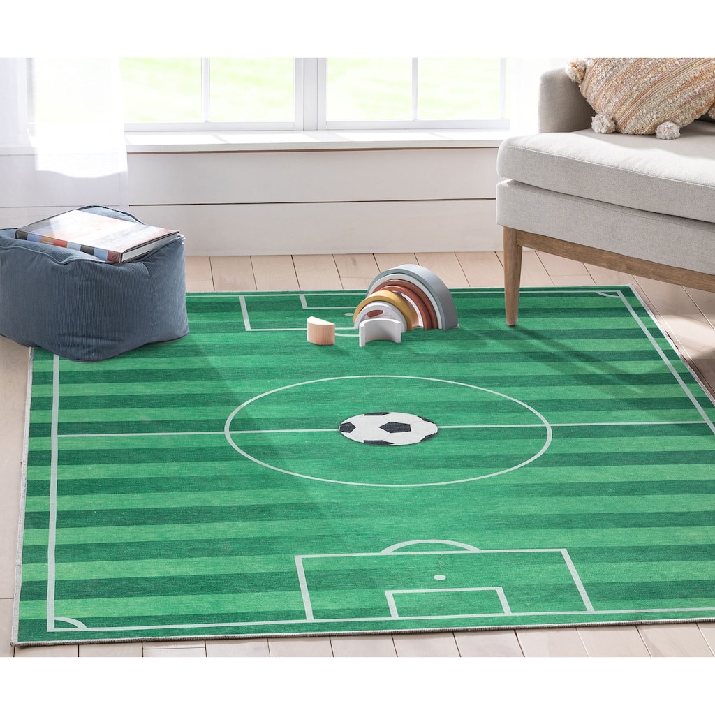 Well Woven Kids Rugs Soccer Field Modern Machine Washable Area Rug