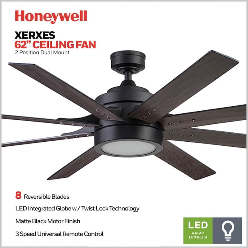 62" Honeywell Xerxes Indoor Contemporary Ceiling Fan with Remote, Matte Black