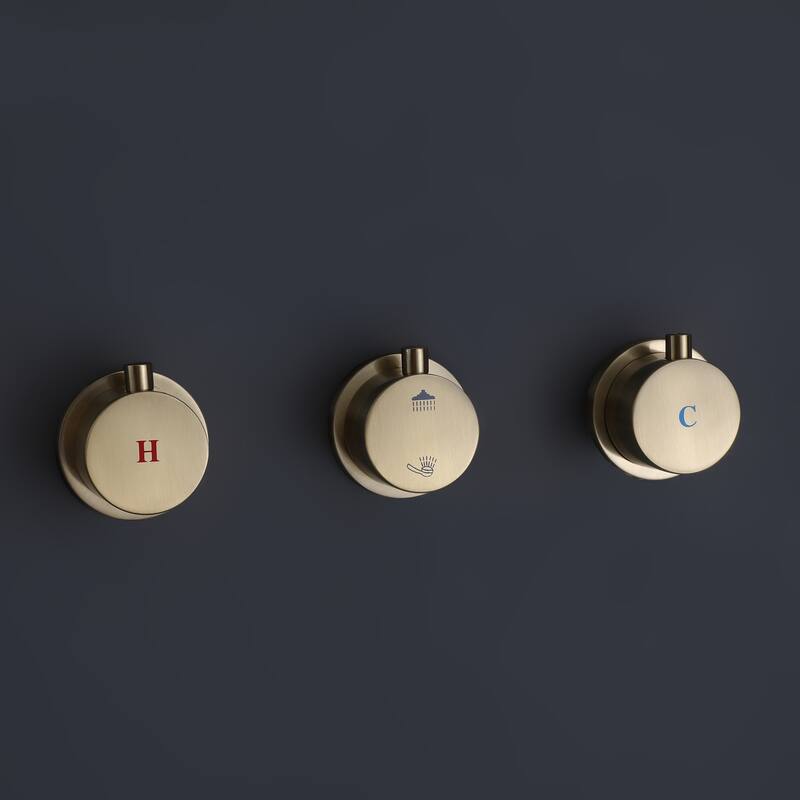 Triple Handle 2-Spray Shower Faucet 1.8 GPM with Ceramic Disc Valves Brass Wall Mounted Shower System in Brushed Gold