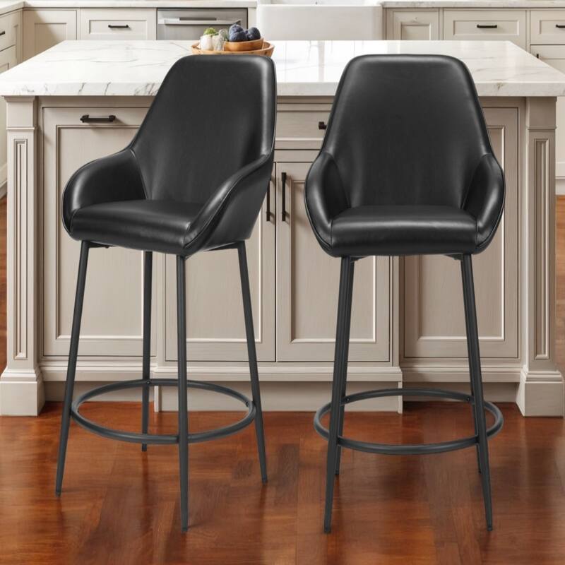 Set of 2 Faux Leather Bar Stools with Armrests and Steel Frame - Black-25-Inch