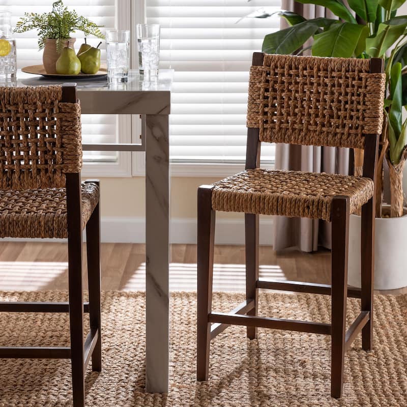 Alise Handwoven Seagrass Counter Stool with Mahogany Wood - Counter-Height Chair for Kitchen Island or Home Bar